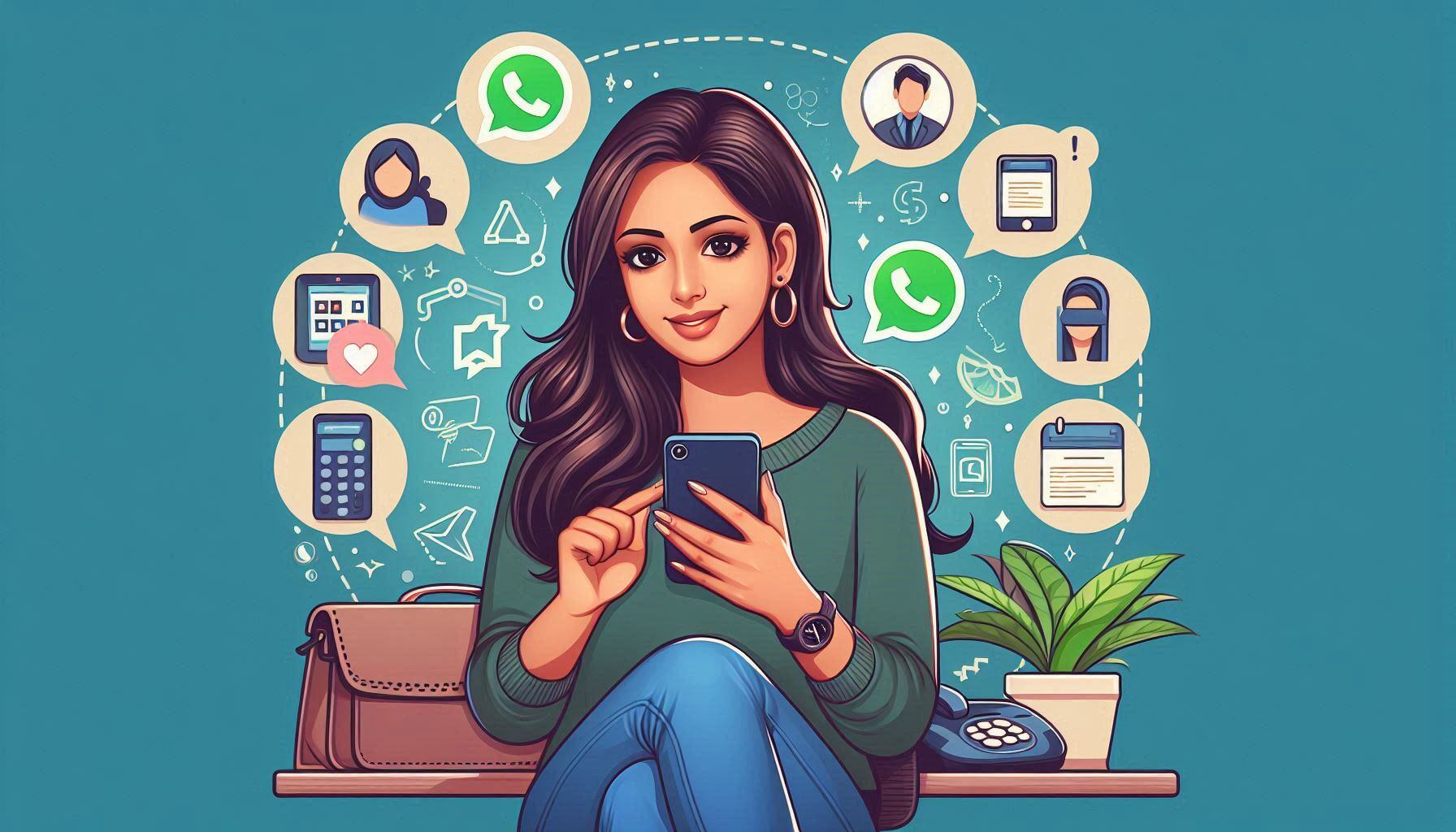 Retrato de mujer contenta con su celular escribiendo en Whatsapp